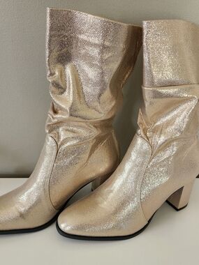 Shimmering Gold Slouch Block-Heel Boots - Women